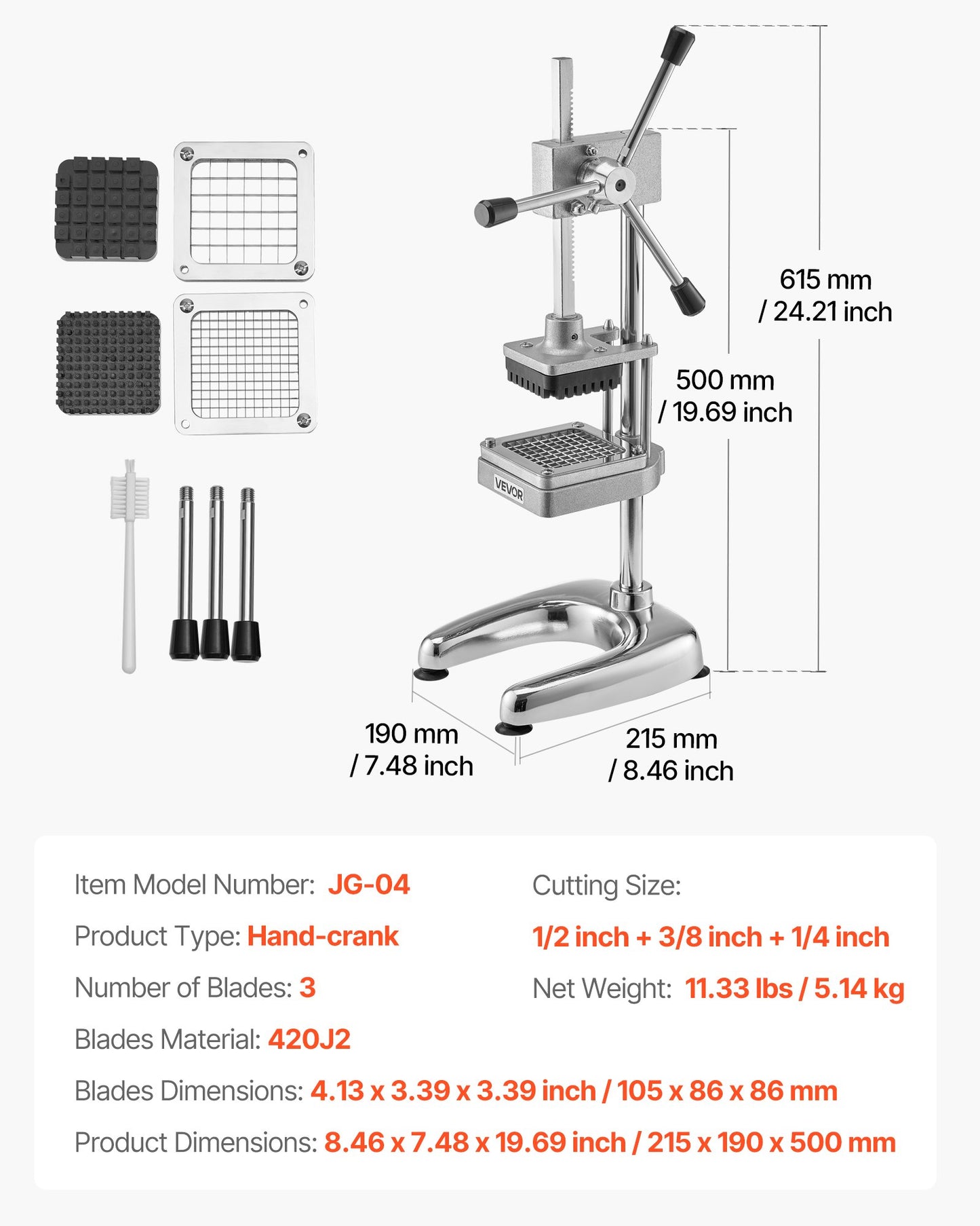 Commercial French Fry Cutter, Stainless Steel Vegetable Fruit Chopper with 3 Replacement Blades 12.7mm 9.5mm 6.4mm, Manual Potato Slicer Dicer for Restaurants & Home Kitchen