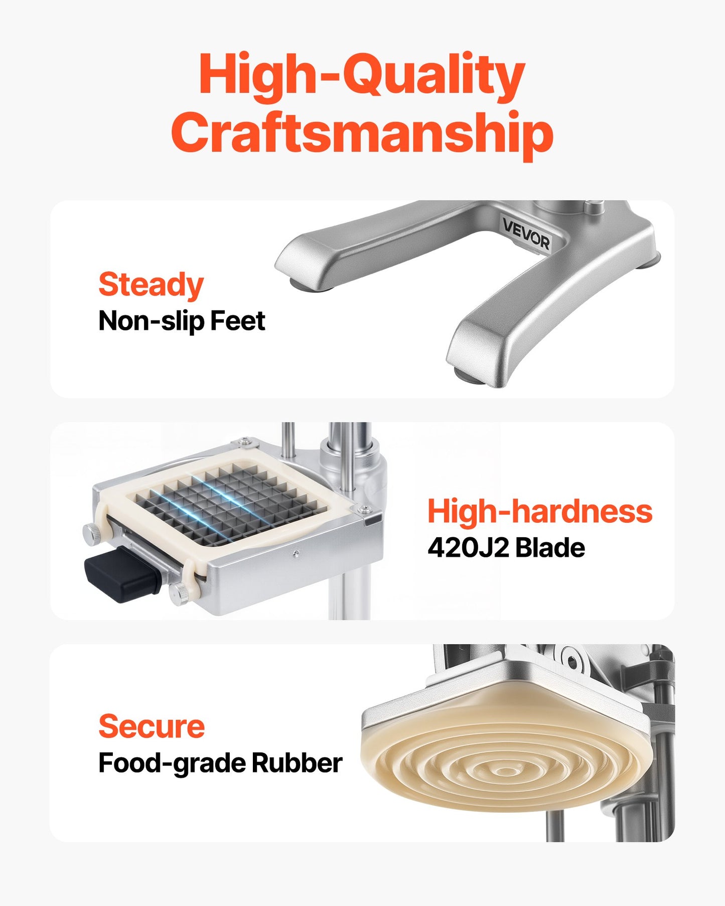 Commercial French Fry Cutter, Stainless Steel Vegetable Fruit Chopper with 3 Replacement Blades 12.7mm 9.5mm 6.4mm, and a Juicing Blade, Manual Potato Slicer Dicer for Restaurants & Home Kitchen
