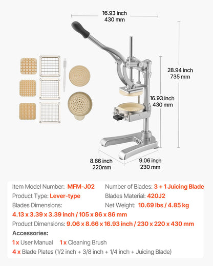 Commercial French Fry Cutter, Stainless Steel Vegetable Fruit Chopper with 3 Replacement Blades 12.7mm 9.5mm 6.4mm, and a Juicing Blade, Manual Potato Slicer Dicer for Restaurants & Home Kitchen