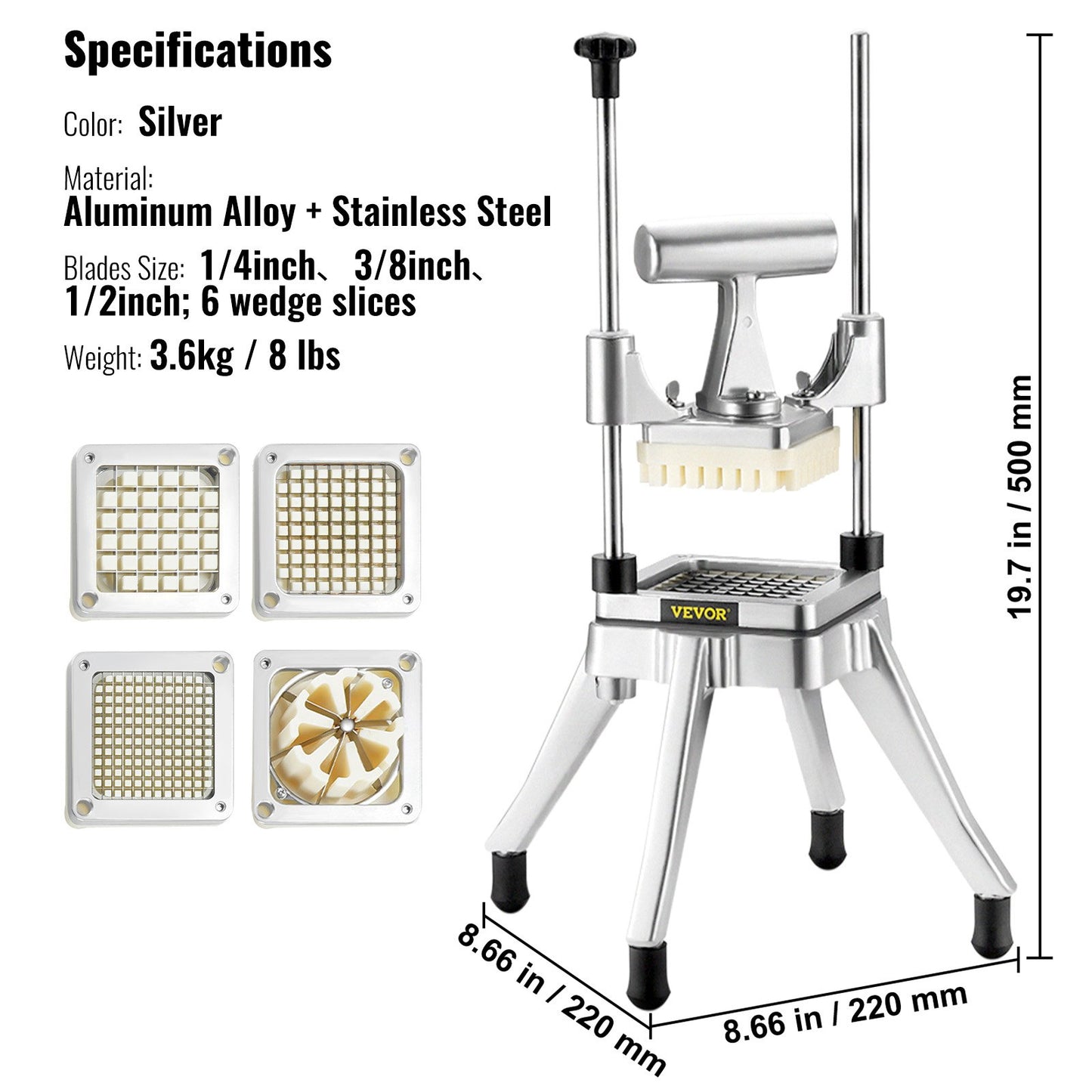 Kommersiell grönsaks- och frukthackare, pommes frites-skärare i rostfritt stål med 4 blad, 1/4" 3/8" 1/2", 6-kilars skivare, hackare och tärnare med bricka, kraftig kniv för potatis, tomat, lök, svamp