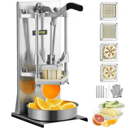 Kommersiell pommes frites-skärare med 4 reservblad, 0,64 cm och 0,95 cm blad, enkel tärningsskärare, 6-klyftskiva och 6-klyft äppelkärnare, citronpotatisskärare för pommes frites med förlängt handtag