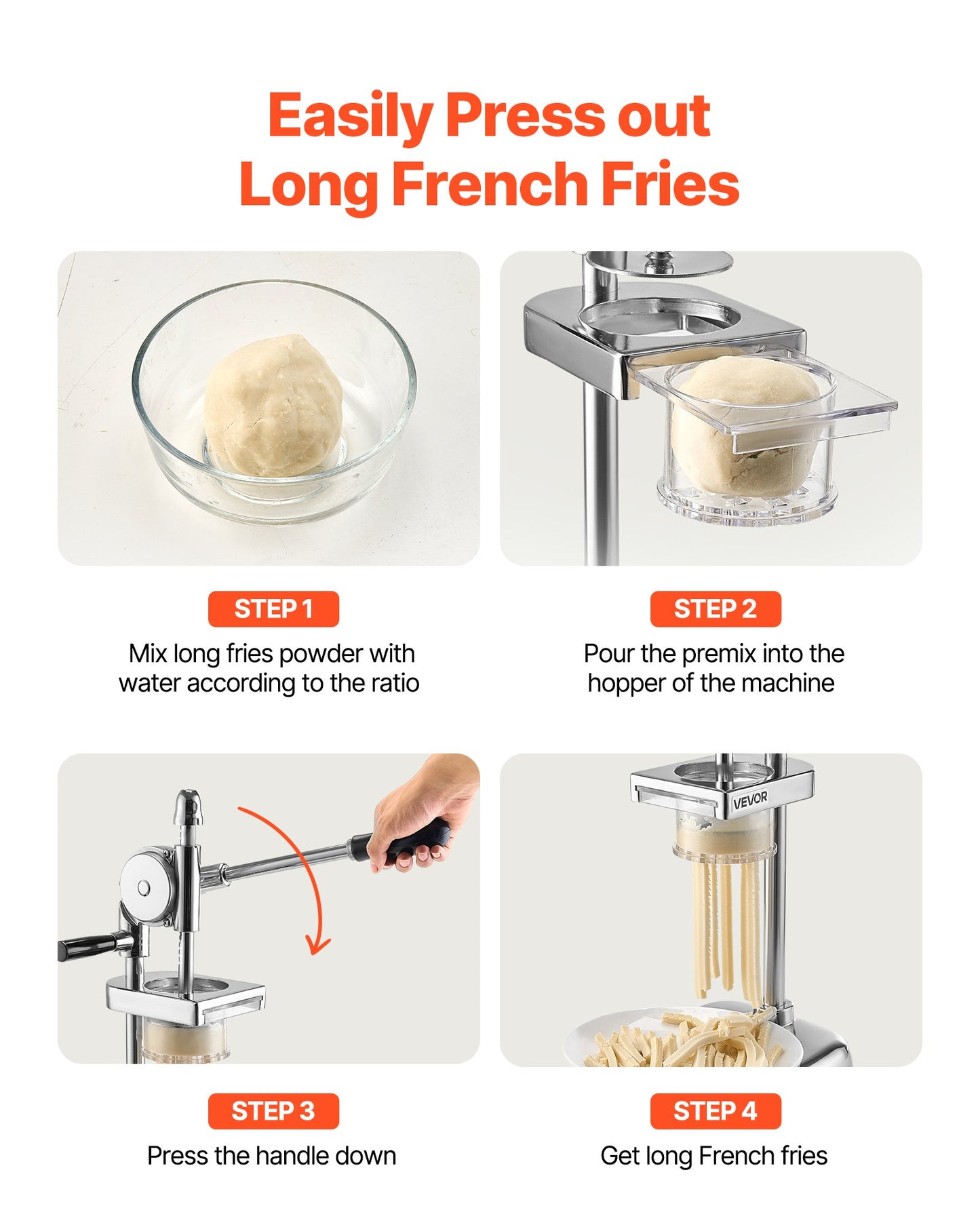 Kommersiell pommes frites-skärare, press för stekta potatisstrimlor i rostfritt stål, långa pommes frites-maskin med utdragbar extruder, manuell potatismospress för restauranger och hemkök