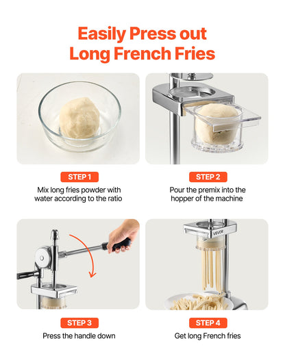 Kommersiell pommes frites-skärare, press för stekta potatisstrimlor i rostfritt stål, långa pommes frites-maskin med utdragbar extruder, manuell potatismospress för restauranger och hemkök