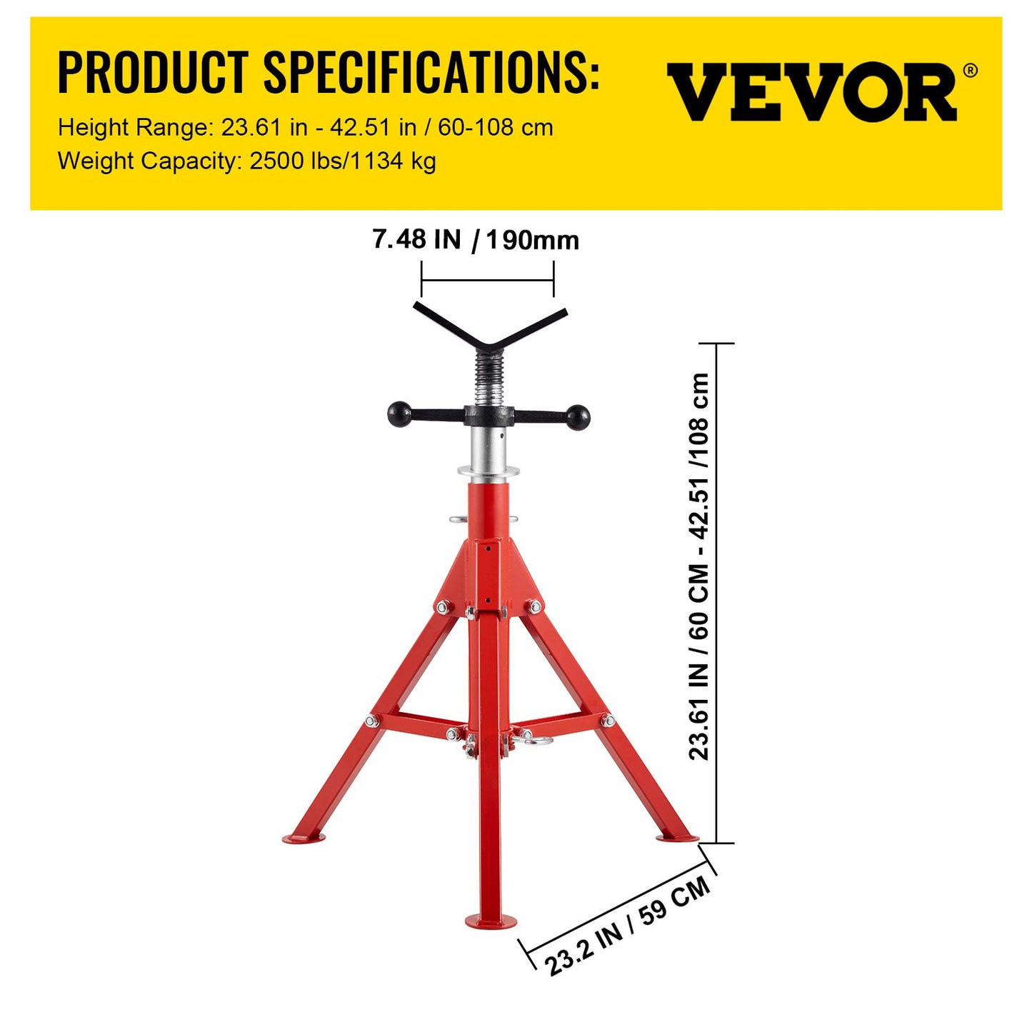 V-formad rörställning 1/8"-12" kapacitet, justerbar höjd 610mm-1067mm, rördomkraftsstativ 1134kg lastkapacitet, bärbara hopfällbara rörställning, kolstålskropp för ökad hållbarhet
