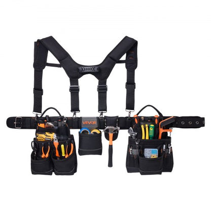 Tool Belt, 19 Pockets Tool Pouch with Suspenders for Men, Heavy Duty Adjustable Utility Belt Work Bag Detachable Suspension Rig for Electrician, Carpenter, Construction, Adjust Waist 80-131 cm