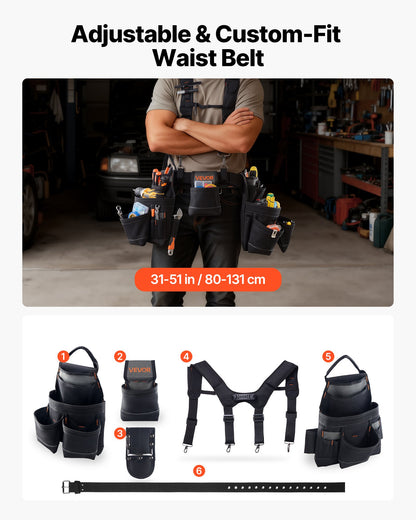 Tool Belt, 19 Pockets Tool Pouch with Suspenders for Men, Heavy Duty Adjustable Utility Belt Work Bag Detachable Suspension Rig for Electrician, Carpenter, Construction, Adjust Waist 80-131 cm