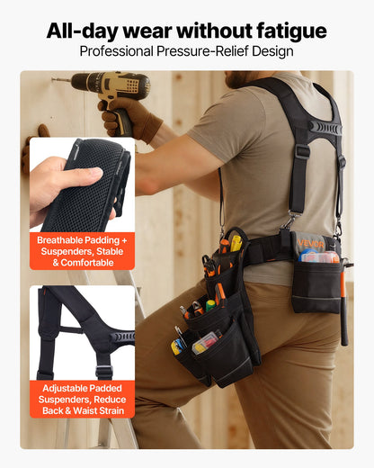 Tool Belt, 19 Pockets Tool Pouch with Suspenders for Men, Heavy Duty Adjustable Utility Belt Work Bag Detachable Suspension Rig for Electrician, Carpenter, Construction, Adjust Waist 80-131 cm