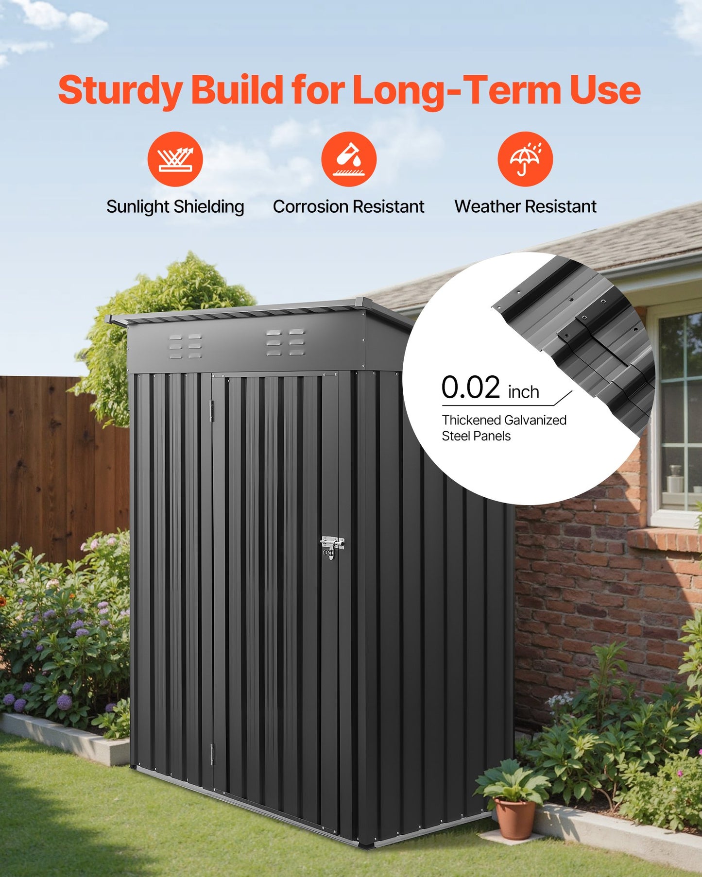 1533 x 876 x 1815 mm Trädgårdsskjul i metall, förrådsbyggnad med låsbar dörr och 2 ventilationsgaller, snedtak för utomhusförråd i metall, verktygsskjul, utomhusförvaring för bakgård, trädgård, uteplats