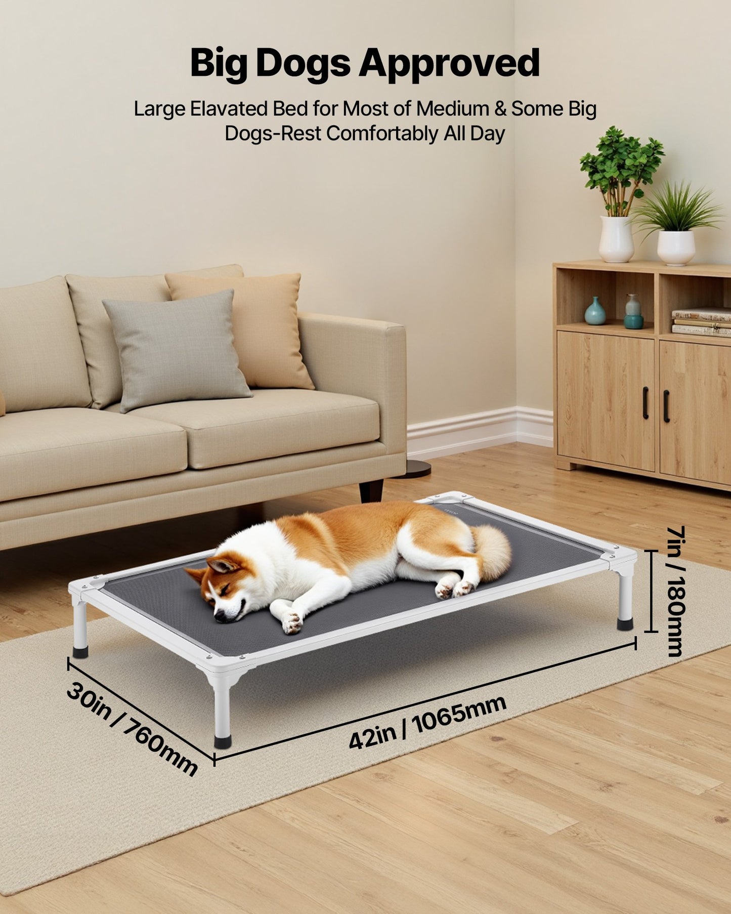 Elevated Dog Bed for Large Dogs, Portable Raised Dog Cot with Aluminum Tube Metal Frame and Breathable Textilene Mesh, Indoor & Outdoor Pet Cooling Raised Hammock Bed, L, Gray