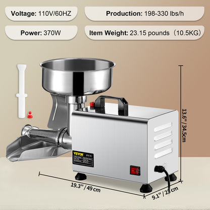 Elektrisk tomatsil 370W tomatfräsmaskin tomatsåsmaskin i rostfritt stål motor i ren koppar tomatsåsmaskin 90-160 kg per timme för matsil och såsmaskin