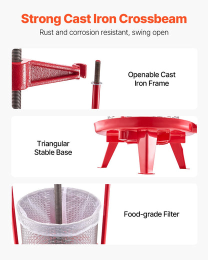 3,69 gal/14 l fruktvinpress, korg i rostfritt stål med tvärbalk och triangulär struktur, manuell juicepress, cider-, äppel- och druvtinkturpress med T-handtag för kökshem