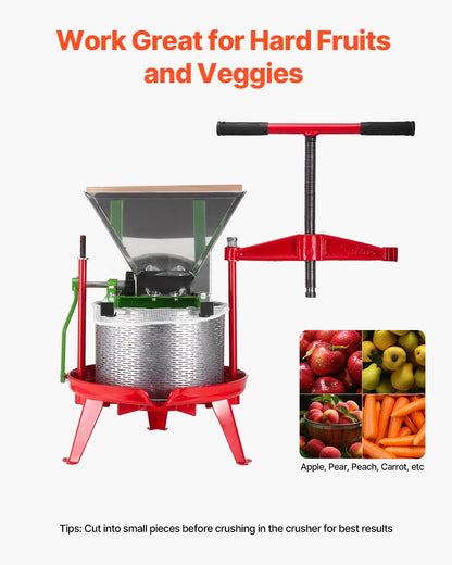 1,8 gal/7 l frukt- och äppelkross, stor manuell kvarn, fruktskrapare i rostfritt stål för pressning av vin, cider, äpple och druvor, med rullhandtag för kök, grön