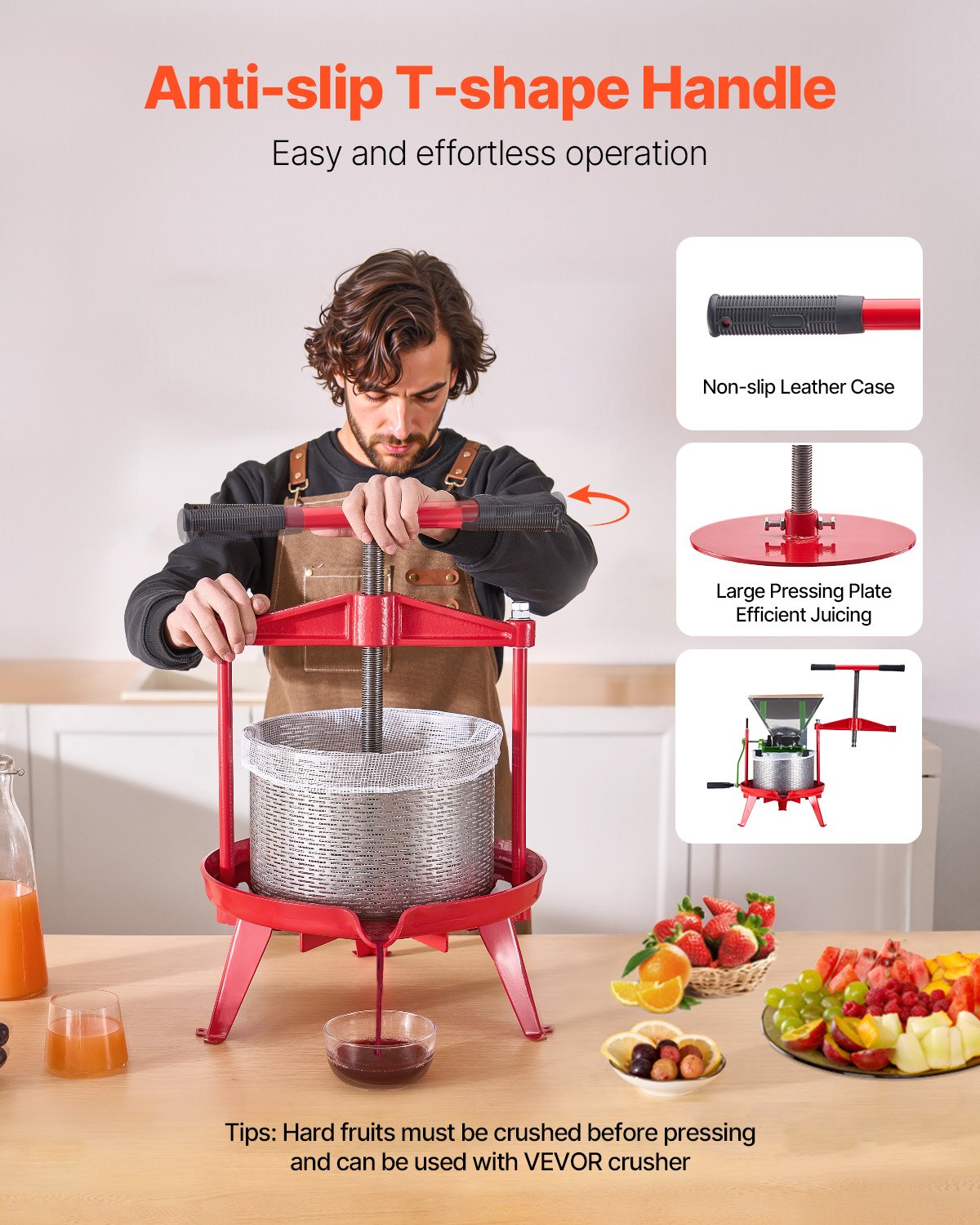 2,38 gal/9 l fruktvinpress, korg i rostfritt stål med tvärbalk och triangulär struktur, manuell juicepress, cider-, äppel- och druvtinkturpress med T-handtag för kökshem