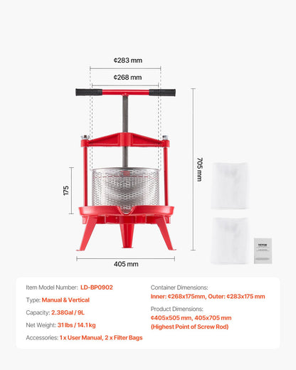 2,38 gal/9 l fruktvinpress, korg i rostfritt stål med tvärbalk och triangulär struktur, manuell juicepress, cider-, äppel- och druvtinkturpress med T-handtag för kökshem