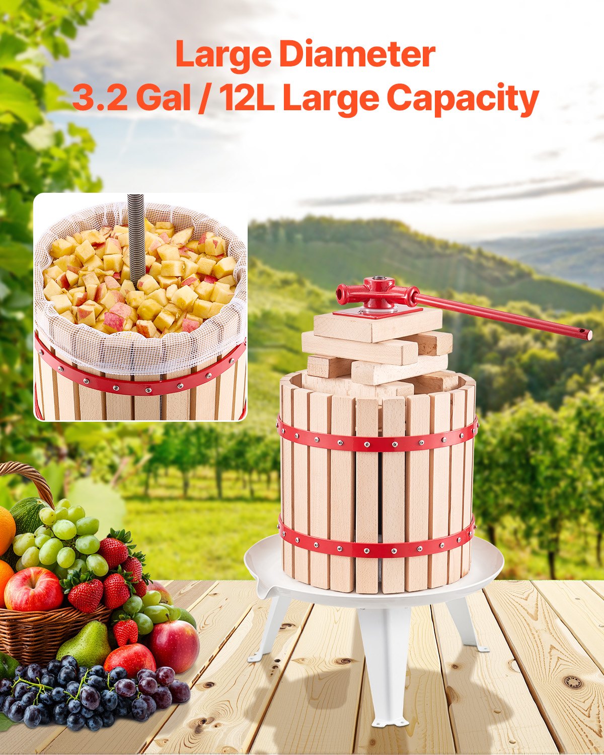 3,2 gal/12 l fruktvinpress, massiv träkorg med 8 block, kraftig manuell juicemaskin, cider-äpple-druvtinktur-honung-olivoljepress med handtag för kök, hem