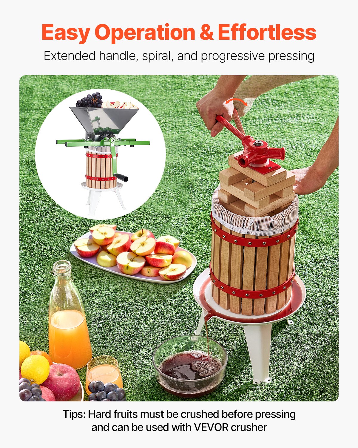 1,6 gal/6 l fruktvinpress, massiv träkorg med 8 block, kraftig manuell juicemaskin, cider-äpple-druvtinktur-honung-olivoljepress med handtag för kök, hem