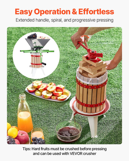 1,6 gal/6 l fruktvinpress, massiv träkorg med 8 block, kraftig manuell juicemaskin, cider-äpple-druvtinktur-honung-olivoljepress med handtag för kök, hem