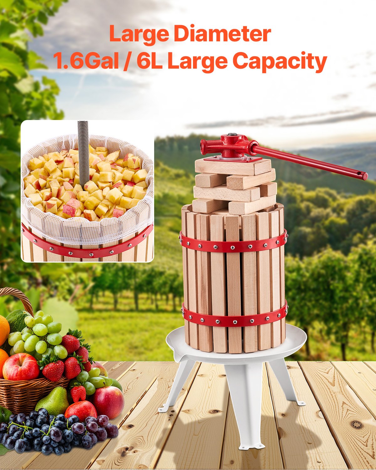 1,6 gal/6 l fruktvinpress, massiv träkorg med 8 block, kraftig manuell juicemaskin, cider-äpple-druvtinktur-honung-olivoljepress med handtag för kök, hem