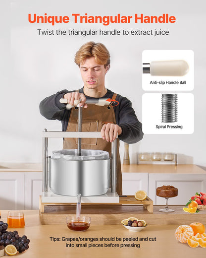 3,17 gal/12 l fruktvinpress, 2 fat i rostfritt stål, manuell juicemaskin, cider-äpple-druvtinktur-honung-olivoljepress med triangulärt handtag för utekök