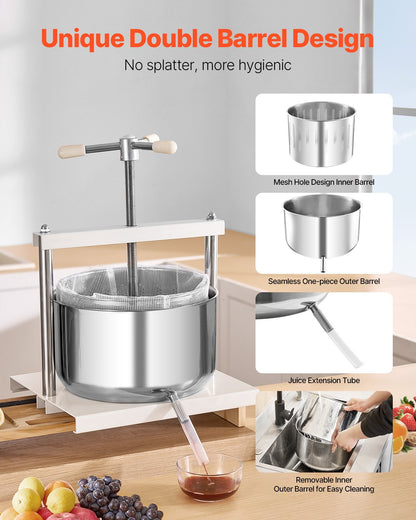 3,17 gal/12 l fruktvinpress, 2 fat i rostfritt stål, manuell juicemaskin, cider-äpple-druvtinktur-honung-olivoljepress med triangulärt handtag för utekök