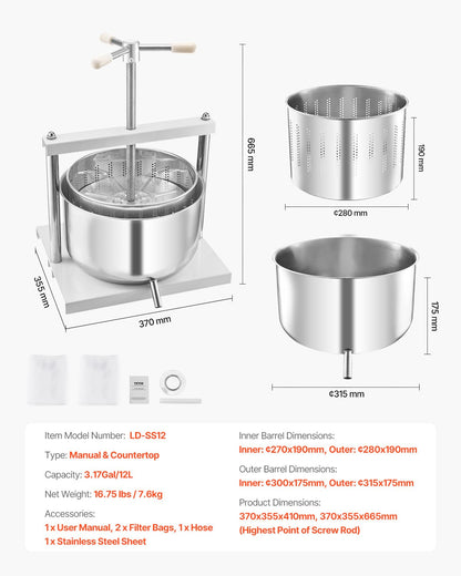 3,17 gal/12 l fruktvinpress, 2 fat i rostfritt stål, manuell juicemaskin, cider-äpple-druvtinktur-honung-olivoljepress med triangulärt handtag för utekök