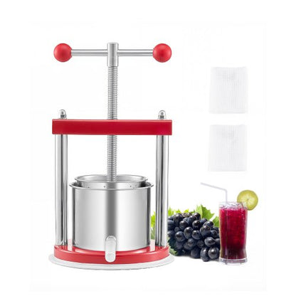 0,44 gal/1,65 l fruktvinpress, 2 fat i rostfritt stål, manuell juicemaskin, cider-äpple-druvtinktur-honung-olivoljepress med T-handtag för utekök