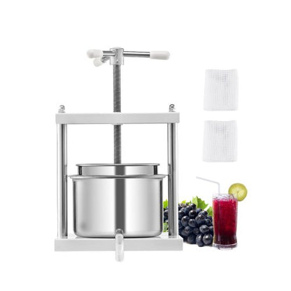 1,45 gal/5 l fruktvinpress, 2 fat i rostfritt stål, manuell juicepress, cider-äpple-druvtinktur-honung-olivoljepress med triangulärt handtag för utekök
