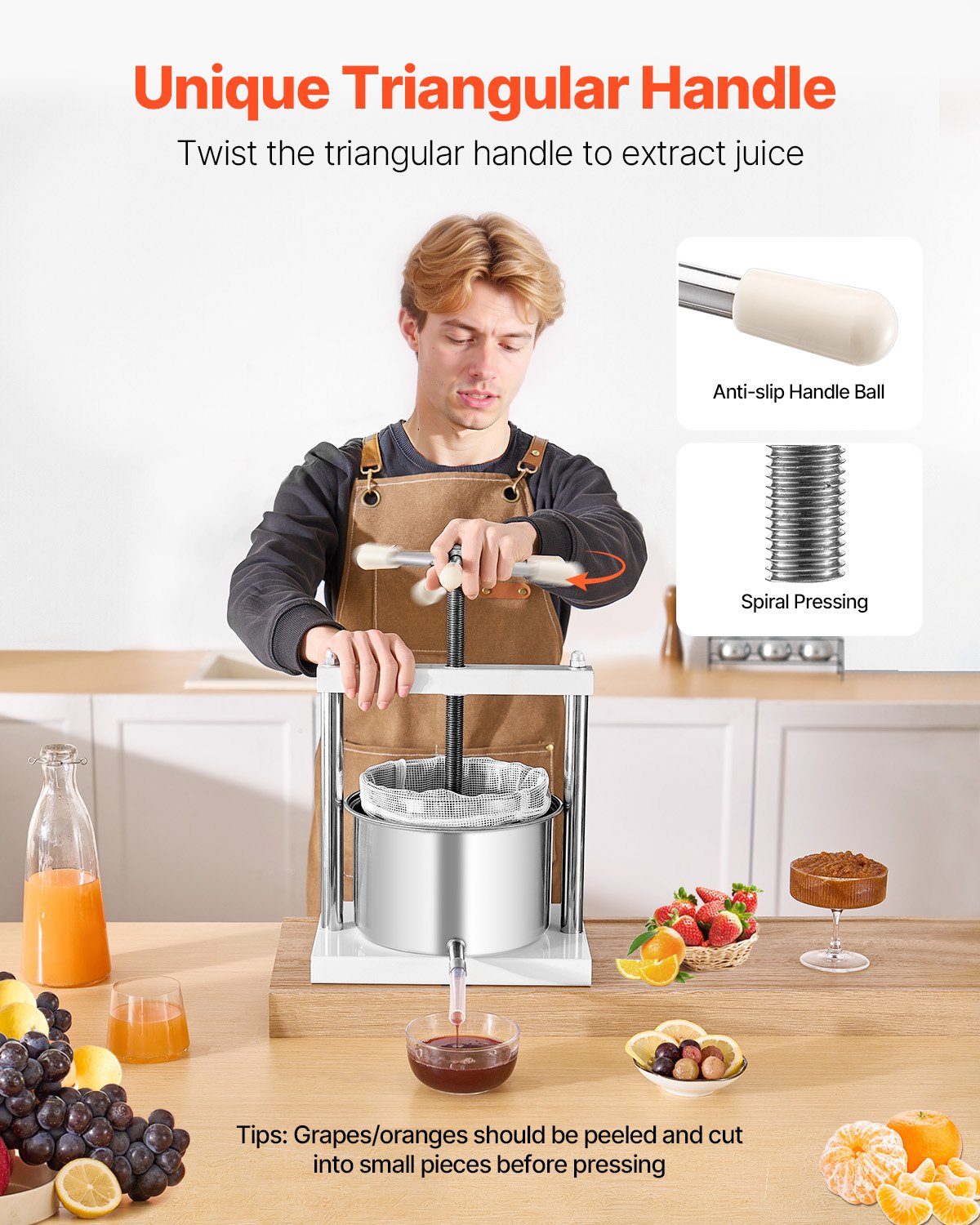 1,45 gal/5 l fruktvinpress, 2 fat i rostfritt stål, manuell juicepress, cider-äpple-druvtinktur-honung-olivoljepress med triangulärt handtag för utekök