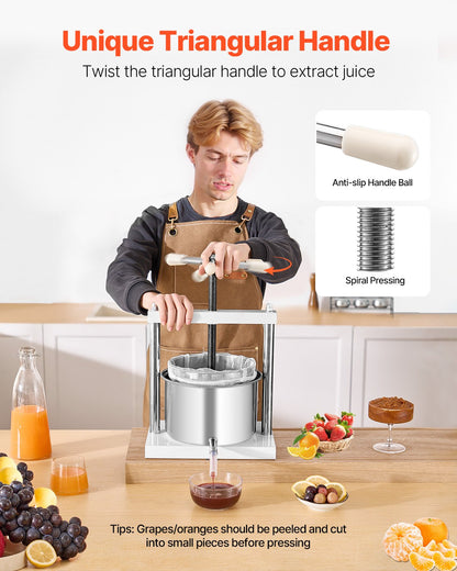 1,45 gal/5 l fruktvinpress, 2 fat i rostfritt stål, manuell juicepress, cider-äpple-druvtinktur-honung-olivoljepress med triangulärt handtag för utekök