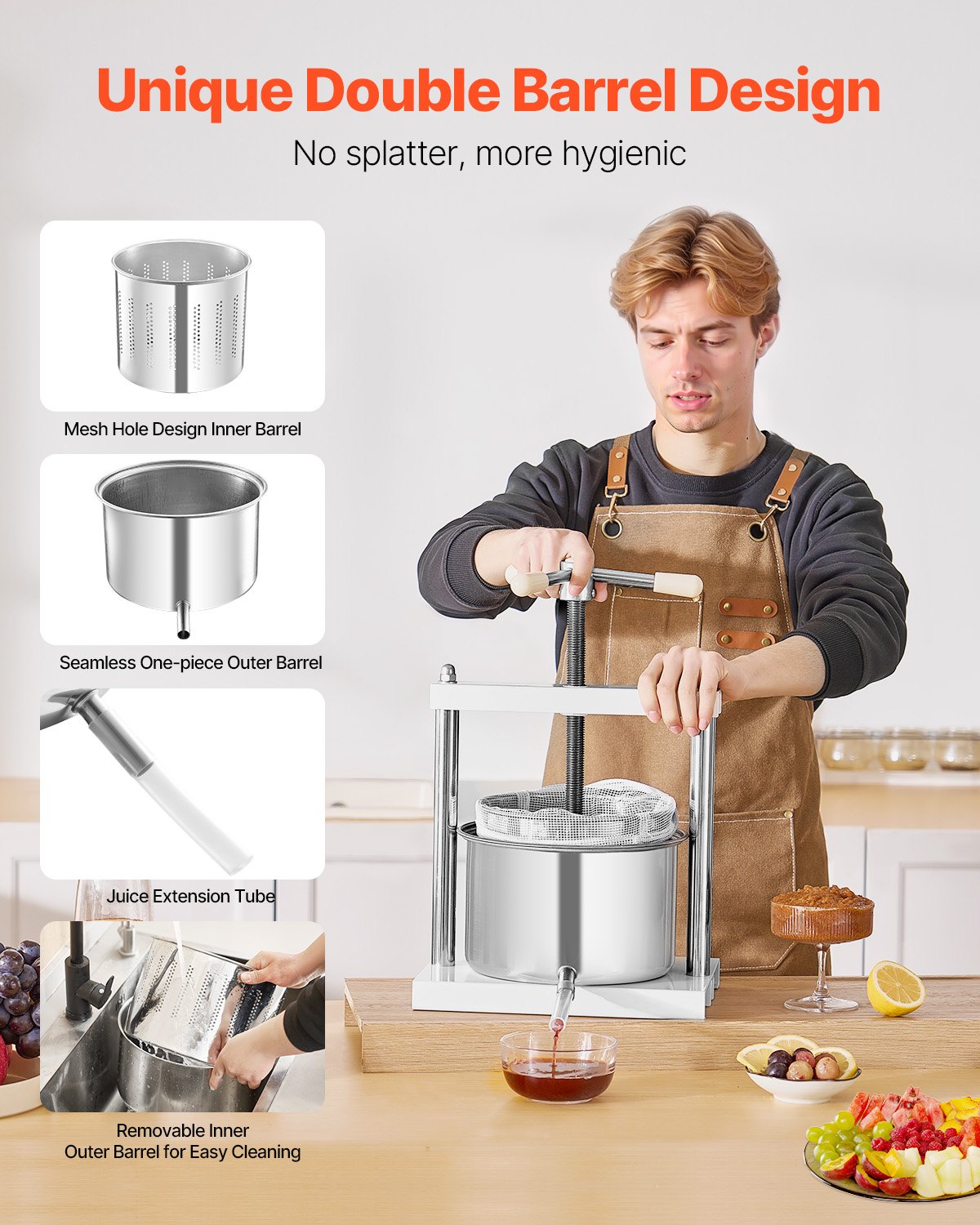 1,45 gal/5 l fruktvinpress, 2 fat i rostfritt stål, manuell juicepress, cider-äpple-druvtinktur-honung-olivoljepress med triangulärt handtag för utekök