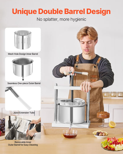 1,45 gal/5 l fruktvinpress, 2 fat i rostfritt stål, manuell juicepress, cider-äpple-druvtinktur-honung-olivoljepress med triangulärt handtag för utekök
