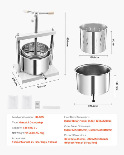 1,45 gal/5 l fruktvinpress, 2 fat i rostfritt stål, manuell juicepress, cider-äpple-druvtinktur-honung-olivoljepress med triangulärt handtag för utekök