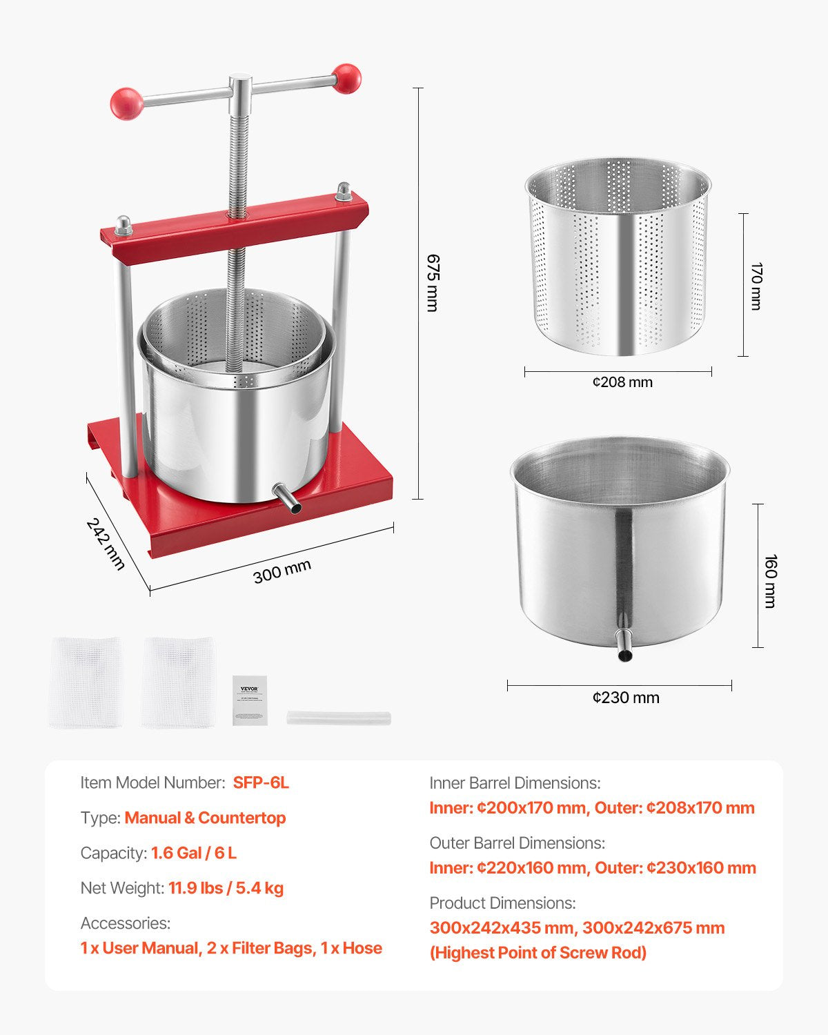 1,6 gal/6 l fruktvinpress, 2 fat i rostfritt stål, manuell juicemaskin, cider-äpple-druvtinktur-honung-olivoljepress med T-handtag för utekök