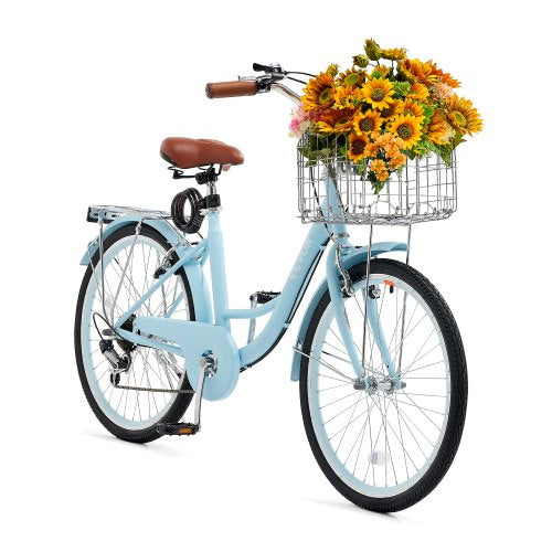 Cruisercykel, 7-växlad, 24-tums ljusblå strandcruisercykel med stor korg och bakre pakethållare, säker och robust cruisercykel med justerbar sadel, passar för cykling, träning och shopping
