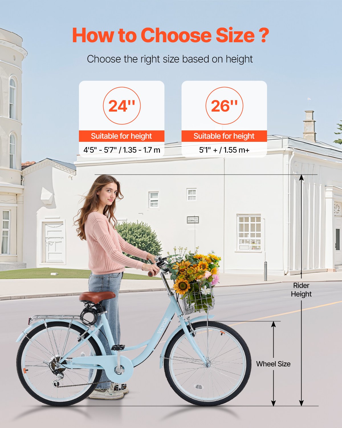 Cruisercykel, 7-växlad, 24-tums ljusblå strandcruisercykel med stor korg och bakre pakethållare, säker och robust cruisercykel med justerbar sadel, passar för cykling, träning och shopping