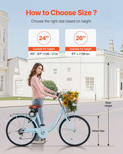 Cruisercykel, 7-växlad, 24-tums ljusblå strandcruisercykel med stor korg och bakre pakethållare, säker och robust cruisercykel med justerbar sadel, passar för cykling, träning och shopping