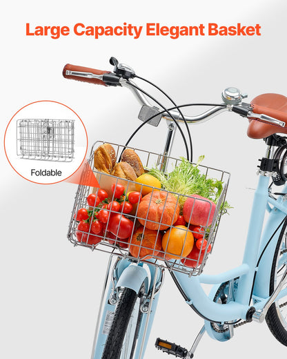 Cruisercykel, 7-växlad, 24-tums ljusblå strandcruisercykel med stor korg och bakre pakethållare, säker och robust cruisercykel med justerbar sadel, passar för cykling, träning och shopping