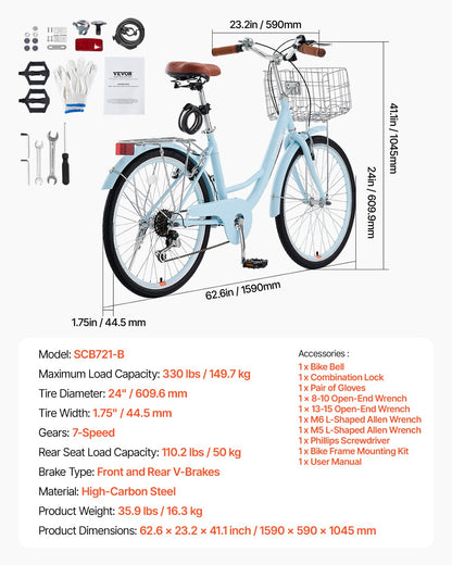 Cruisercykel, 7-växlad, 24-tums ljusblå strandcruisercykel med stor korg och bakre pakethållare, säker och robust cruisercykel med justerbar sadel, passar för cykling, träning och shopping