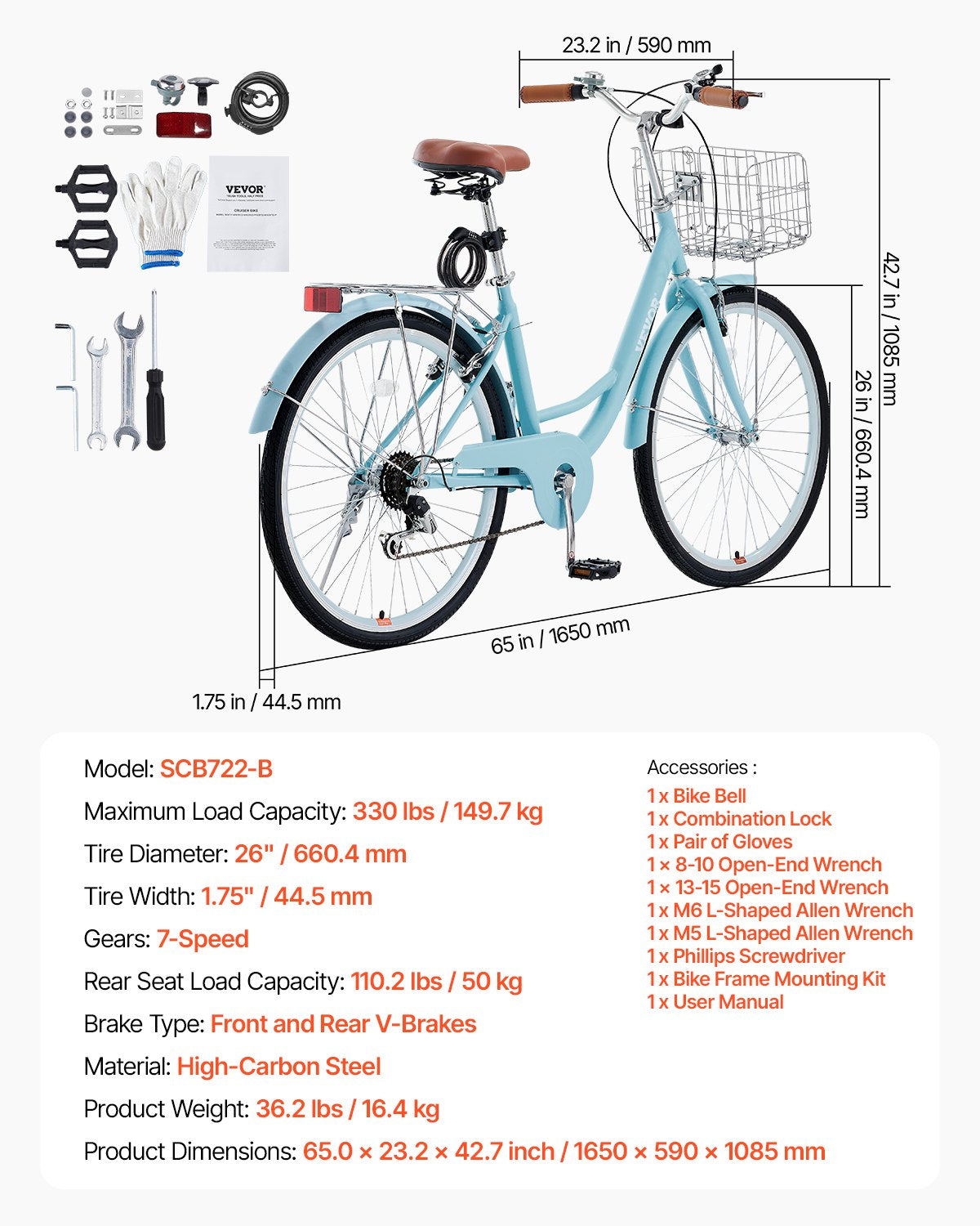 Cruiser Bike, 7-Speed, 26-Inch Light Blue Beach Cruiser Bike with Large Capacity Basket and Rear Rack, Secure & Sturdy Cruiser Bike with Adjustable Seat, Fits for Cycling, Exercise & Shopping