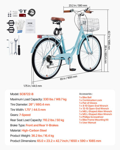 Cruiser Bike, 7-Speed, 26-Inch Light Blue Beach Cruiser Bike with Large Capacity Basket and Rear Rack, Secure & Sturdy Cruiser Bike with Adjustable Seat, Fits for Cycling, Exercise & Shopping