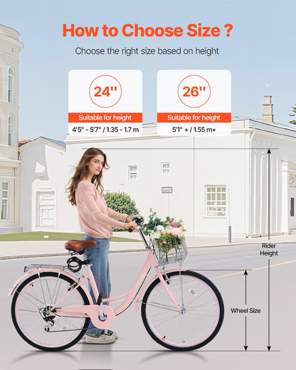 Cruisercykel, 7-växlad, 26-tums rosa strandcruisercykel med stor korg och bakre pakethållare, säker och robust cruisercykel med justerbar sadel, passar för cykling, träning och shopping