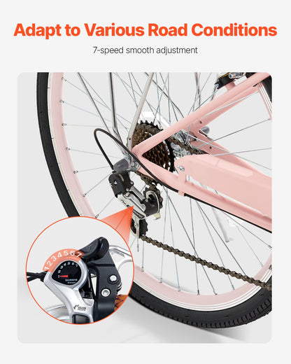 Cruisercykel, 7-växlad, 26-tums rosa strandcruisercykel med stor korg och bakre pakethållare, säker och robust cruisercykel med justerbar sadel, passar för cykling, träning och shopping