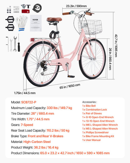 Cruisercykel, 7-växlad, 26-tums rosa strandcruisercykel med stor korg och bakre pakethållare, säker och robust cruisercykel med justerbar sadel, passar för cykling, träning och shopping