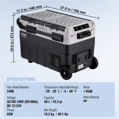 Portable Car Refrigerator, 12 Volt Car Refrigerator Fridge, 40 L / 42.3 qt Dual Zone Portable Freezer, -4℉-68℉ Adjustable Temperature, Compressor Cooler for Home, Outdoor, Camping, RV, Car