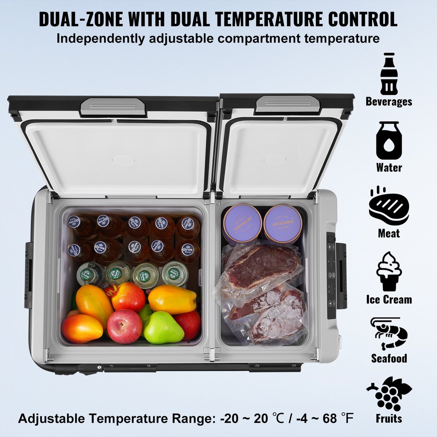 Bärbart bilkylskåp, 12 volts bilkylskåp, 58 l / 61,5 qt bärbar frys med dubbla zoner, justerbar temperatur -4℉-68℉, kompressorkylare för hem, utomhusbruk, camping, husbil, bil