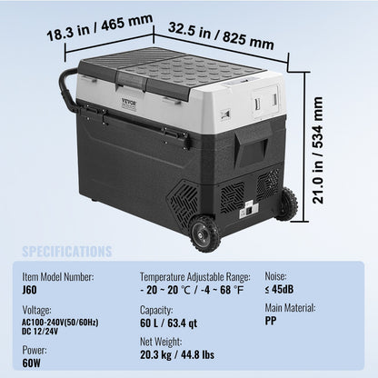 Bärbart bilkylskåp, 12 volts bilkylskåp, 60 l / 63,4 qt bärbar frys med en zon, justerbar temperatur -4℉-68℉, kompressorkylare för hem, utomhus, camping, husbil, bil