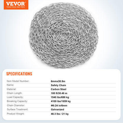 Säker spiralkedja, 1/4" x 100', 1540 lbs säker arbetsbelastning, förzinkad, testad spiralkedja med två snabblänkar, galvaniserad kolstålslänkkedja för bogsering, hängning, camping, husdjursbogsering