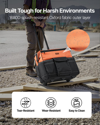 Rolling Tool Bag, 110 lbs Load Capacity, 27 Pockets Heavy Duty Roller Tool Bag on Wheels, Adjustable Telescoping Handle & Stable Base, Toolbag Organizers with Wheels for Construction, Mechanic