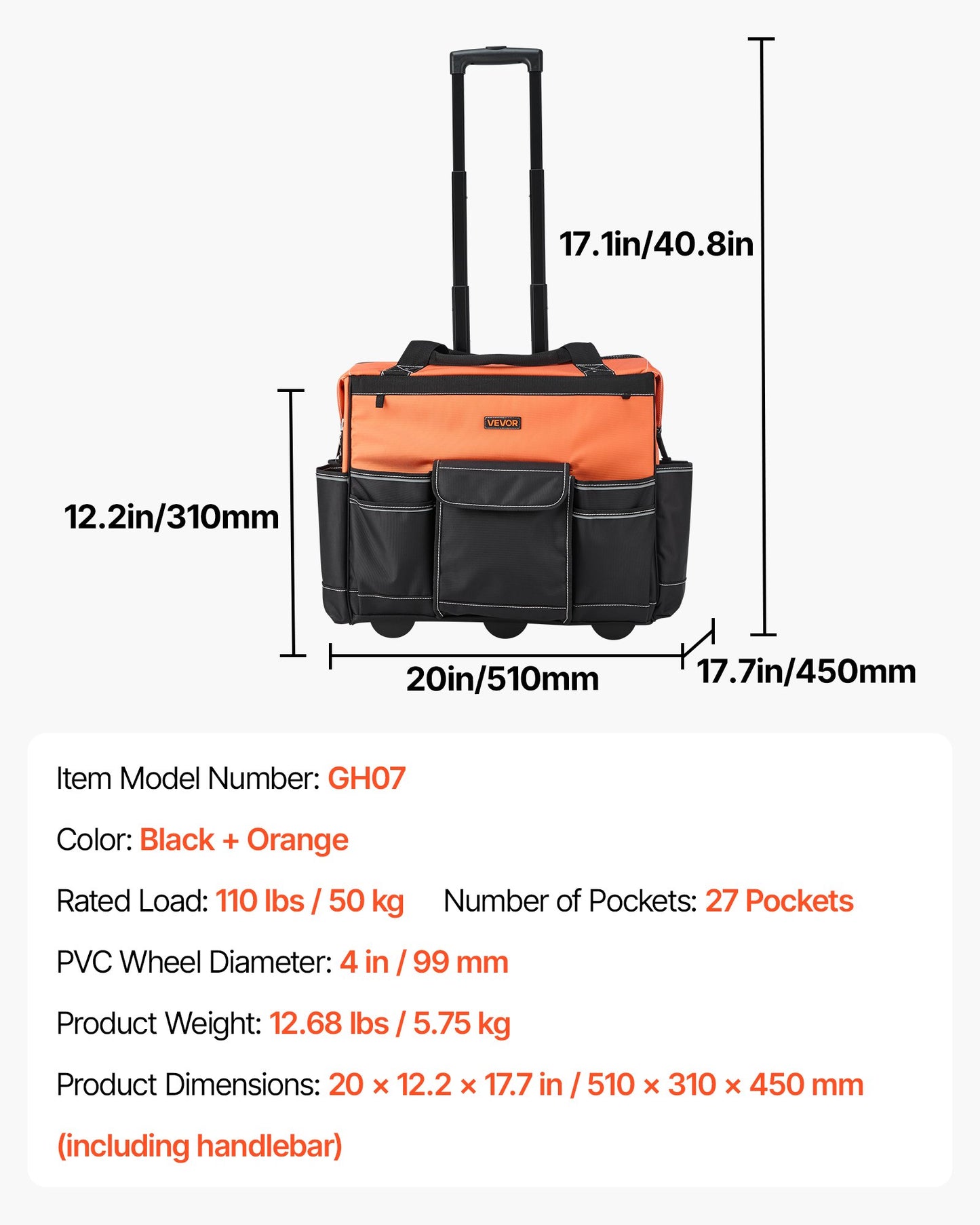 Rolling Tool Bag, 110 lbs Load Capacity, 27 Pockets Heavy Duty Roller Tool Bag on Wheels, Adjustable Telescoping Handle & Stable Base, Toolbag Organizers with Wheels for Construction, Mechanic