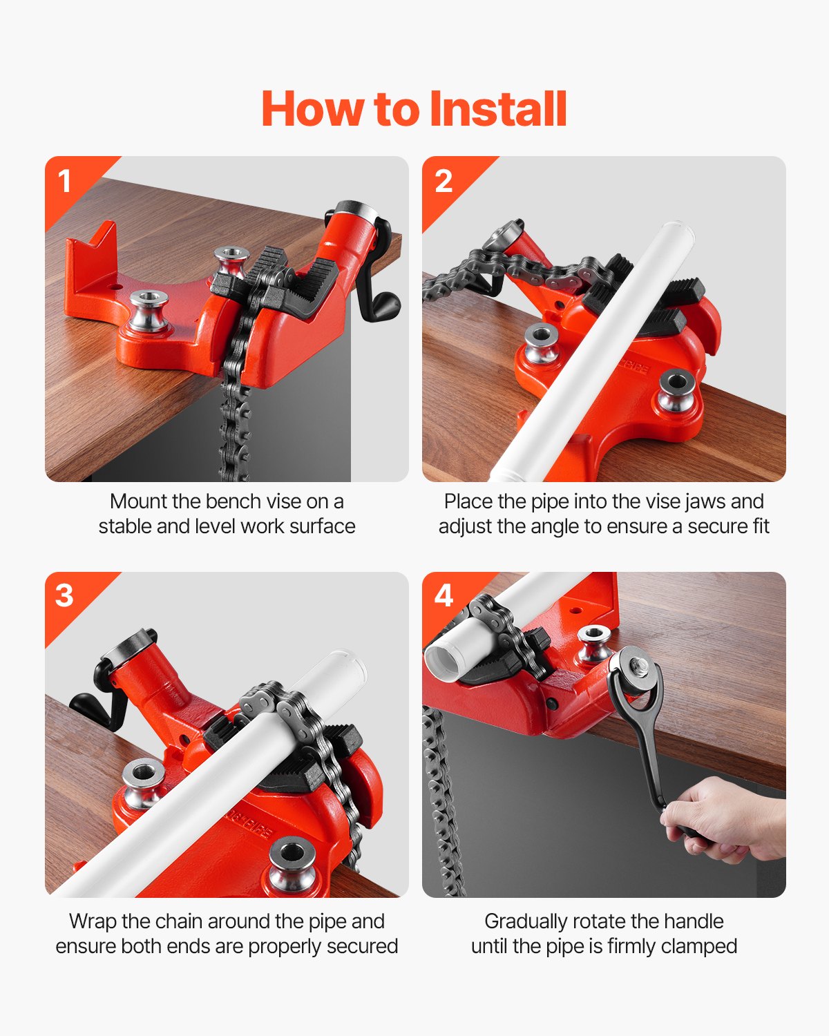 Kraftigt rörkedjeskruvstycke, 1/4" - 6" rörkapacitet, 28" robust kedja och gjutjärnsbas, rörklämning av industriell kvalitet för VVS, bilreparationer, metallbearbetning